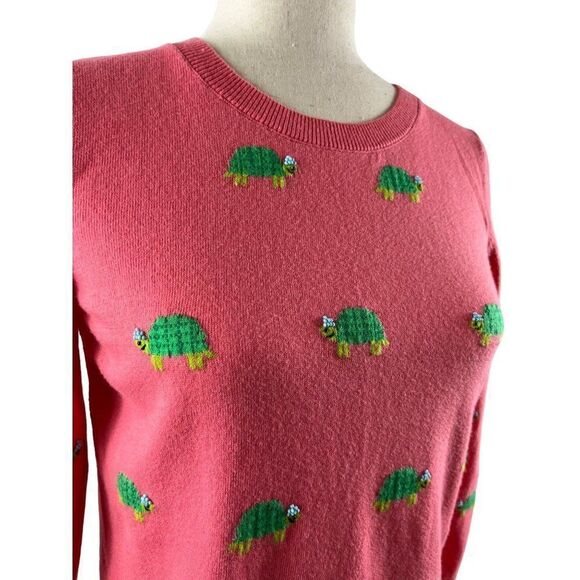Talbots Novelty Beaded Turtle Sweater Women’s Petite Medium Coral Pink Preppy - Picture 3 of 7